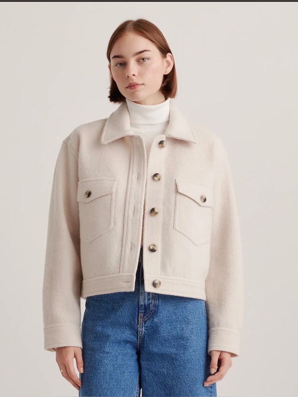 Quince 100% Merino Wool Cropped Shirt Jacket in Heather Bone Size Small 828
